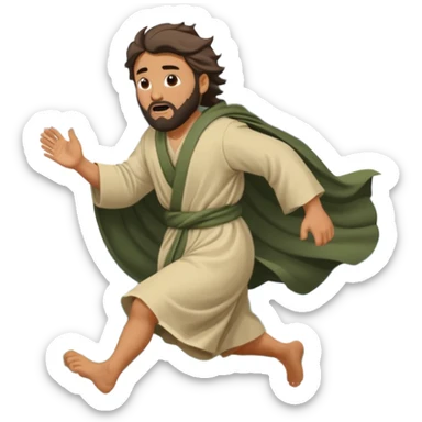 A biblical illustration of Jonah, a weary prophet with simple robes, running towards a stormy seashore. sticker