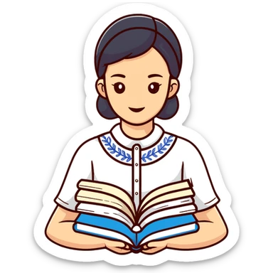 Young Ukrainian librarian wearing a traditional white embroidered vyshyvanka shirt with books sticker