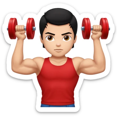 a pretty bratz boy with black hair and a red tshirt, big biceps picking up dumbells sticker