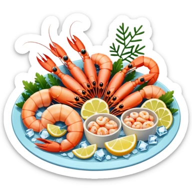 Create a realistic seafood platter with cooked prawns, ice, & garnish. sticker