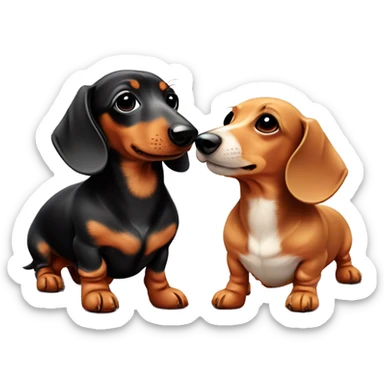 Two mini dachshund of different sizes and colours in love with a love heart sticker