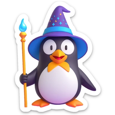 3D emoji-style penguin wizard with a shiny hat and glowing staff sticker