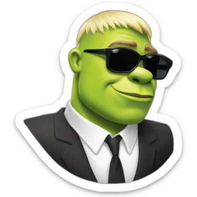 shrek kissing with white-guy-wearing-suit-with-short blonde-hair-and-black-sunglasses sticker