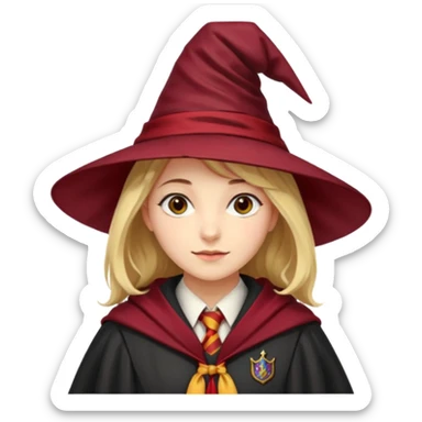 A young woman wearing a classic witch’s hat, red tie, and wizarding robes. This outfit suggests she's a student from Gryffindor House (from the Harry Potter universe), as the red tie is a signature detail of that house's uniform. sticker