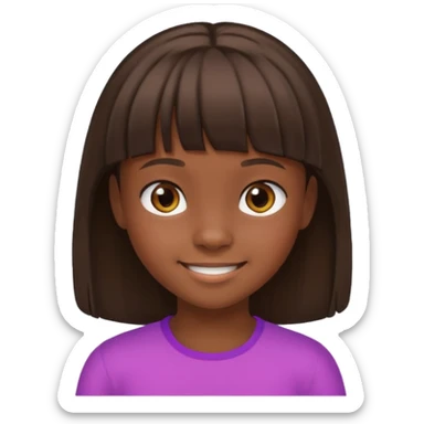 Head without neck of a 10-year-old girl with dark skin, brown hair, and bangs on her forehead. sticker