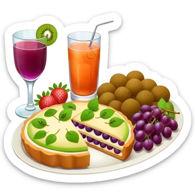 Crie uma bandeja de frutas e salgados coxinha e pão e lasanha sucos drink sticker