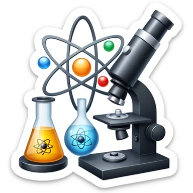 An icon featuring an atom, a microscope, and a set of physics formulas, symbolizing the study of physics. The design includes a pendulum, a magnet, and a light wave, representing energy, forces, and matter. Transparent background highlights scientific exploration and physical phenomena. sticker