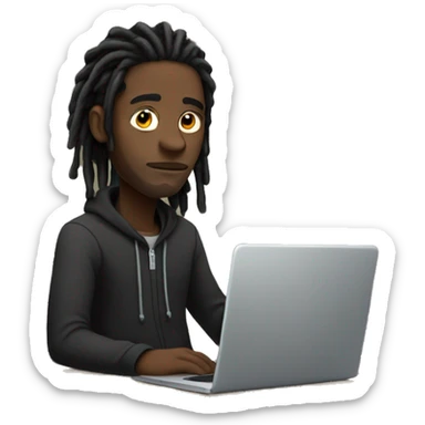Black-guy-with-dreads-wearing-black-trackstuit-sitting-down-on-chair facing-foward-focused-on-laptop-computer- sticker