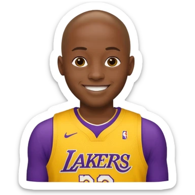 ["Very dark skin male, shaved head, wearing a yellow Lakers jersey."] sticker