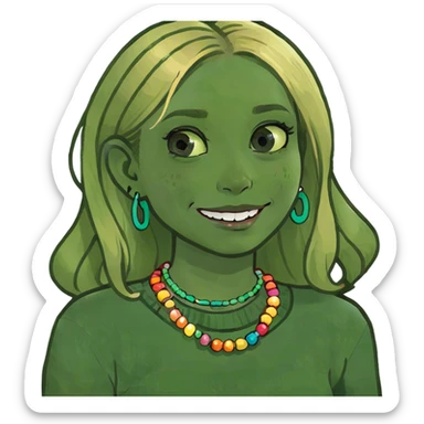 Girl with blond highlights and freckles smiling with braces sticker