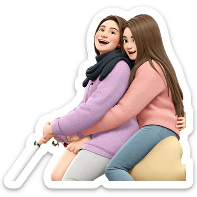 girls hugging by christmas tree sticker