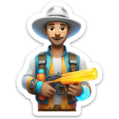 Caucasian man in glowing outfit and hat with bubble guns in each hand sticker