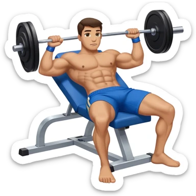 brunette buff man with blue shorts lying down benchpress sticker