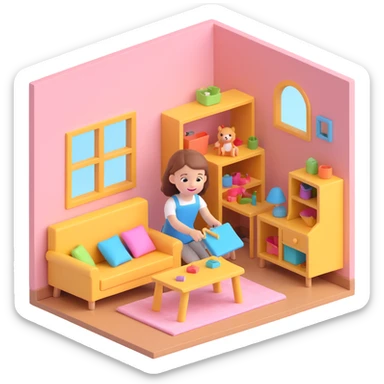 smiling girl arranging furniture in doll house sticker