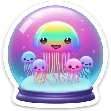 Kawaii rainbow pastel family of jellyfish  in neon snow globe  sticker