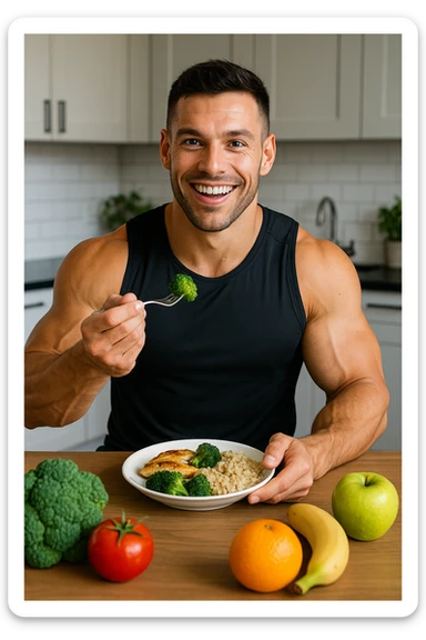 "Un uomo bodybuilder (30-35 anni) che migliora la sua composizione corporea e mangia sano sticker