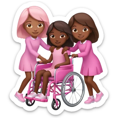 One dark skinned sister and one tan skinned sister pushing her light brown sister in a pink wheelchair sticker