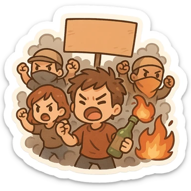 riot, expressive crowd, energetic, cartoon style sticker