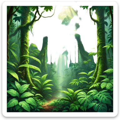 Cinematic Realistic Rainforest Emoji, Lush and vibrant, filled with towering trees, thick vines, and dense green foliage, sunlight filtering through the canopy above, creating dappled patches of light on the rich, diverse undergrowth. The air is heavy with moisture, with mist rising from the forest floor and distant calls of exotic birds and animals echoing through the trees. Soft glowing outline, capturing the essence of a thriving, untamed tropical paradise filled with life! sticker