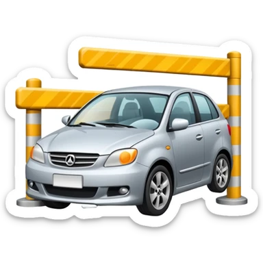 car crashed to a trafic barrier barrier in front of car and car front panel broken sticker