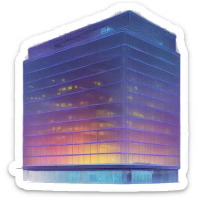 “Modern glass building with neon ‘Trendimizbir’ sign glowing brightly on the top floor.” sticker
