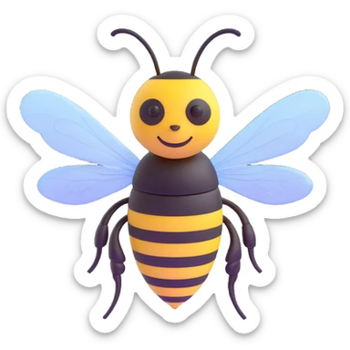 A bee, facing forward, with a slight smile, vibrant yellow and black stripes, and transparent wings. sticker