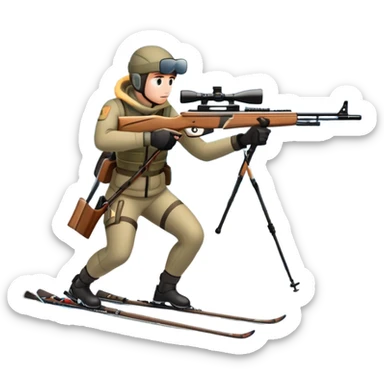 An icon showing a snowy landscape with pine trees, mountains, and a clear sky with a biathlete aiming a rifle in the foreground, wearing winter gear and skis. Transparent background emphasizes the precision, endurance, and beauty of this winter sport. sticker