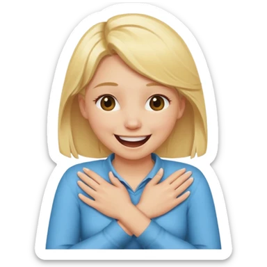 blonde girl holding her neck with her hands crossed against her chest laughing sticker