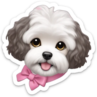 brunette Kendall Jenner with long hair holding on the hands white maltipoo wear on pink collar sticker