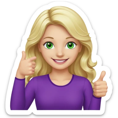 lady with long wavy blonde hair, purple top, green eyes, thumbs up sticker