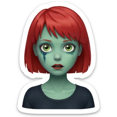 Zombie girl emoji with short red hair and bangs. Blue eyes, green skin, and a black top Her hair is slightly wavy sticker