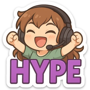 Add a gaming headset with a microphone to the character, keep the HYPE purple letters, maintain the chibi style and energetic expression, transparent background. sticker