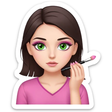 white, dark brown haired girl with green eyes putting on makeup. she has eyelashes and a pretty pink shirt sticker