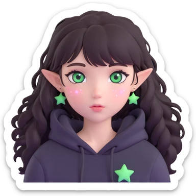 A cute girl with white skin, dark wavy hair just below her shoulders, green eyes, fair skin, a soft pink blush, and burning stars in her eyes. She has a thin neck and is wearing a black hoodie. The girl has long bangs styled on both sides of her face. sticker