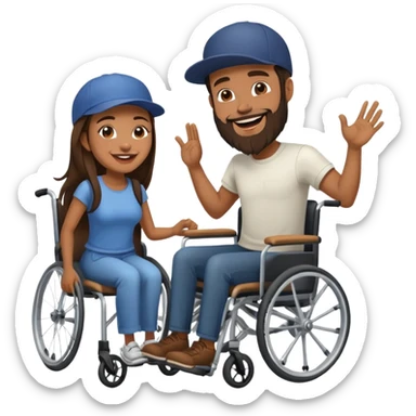 Tan skinned man with a beard and fitted cap in a wheelchair and a brown skinned woman with long dark hair in a wheelchair laughing  sticker