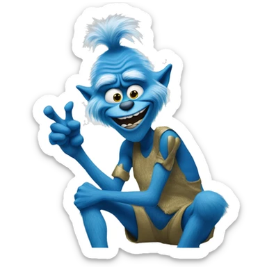 A blue grinch pointing at his knee sticker