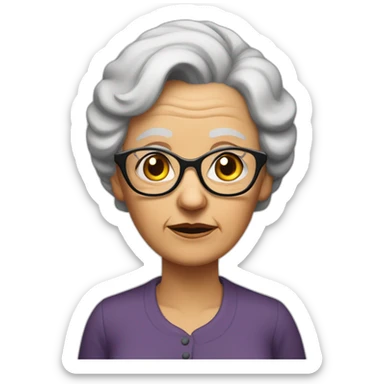 An elderly woman with raised eyebrows and a dissatisfied face. She has dark hair that is pulled into a bun at the back and she is wearing cat-like glasses. sticker