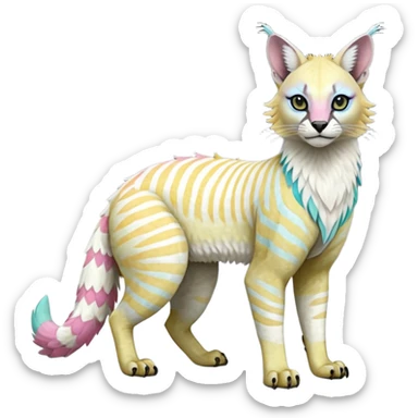 Realistic Colorful tropical tribal pale light fruity pastel white glorious iridescent exotic albino neon vibrant zigzagged fantasy-caracal-civet-genet-sergal-vernid-Gryphon-Cacomistle-Trico-oncilla-animal-Fakémon-hybrid-fursona (full body), facial markings, (realism style) sticker