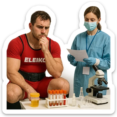 European powerlifter in competition, waiting for anti-doping test result, thoughtful look, medical staff and laboratory instruments, realistic atmosphere, isolated on white background sticker