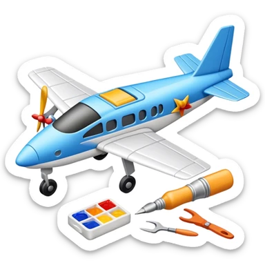 photorealistic icon featuring model-building tools like glue, paint, paintbrushes, pieces of a plastic model airplane in the process of being assembled. The design includes detailed textures of the model pieces and tools, capturing the focus and creativity of model building. Transparent background. sticker