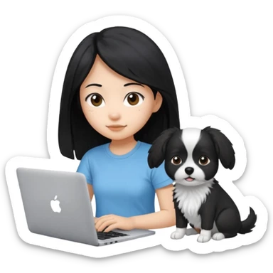 Asian girl long black hair, wearing a light blue t-shirt, working on an Apple laptop, next to her is a small black and white dog sticker