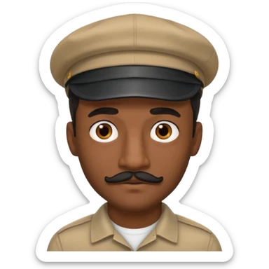 A dark-skinned man with a cap, brown eyes, and a thin black mustache. sticker