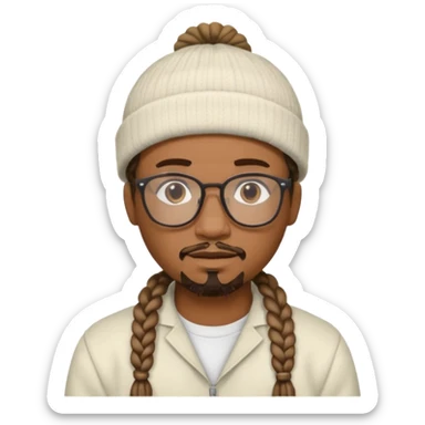 black man with braids glasses beanie and goatee white clothes sticker