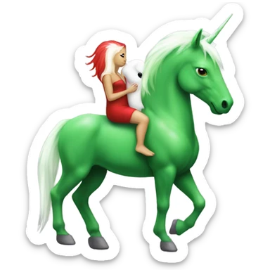 four-legged red unicorn white. a green amazon alien woman, on a unicorn sticker