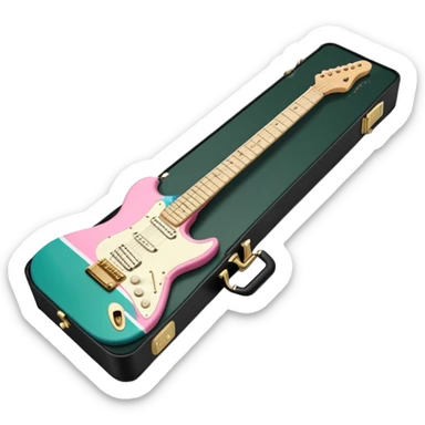 minimalist electric guitar in dark green with pink and blue stripe decal, closed inside a black rectangular hard case with gold latches, flat semi-3D style, soft matte textures, simplified details, stylized decal accent, alternate angle sticker