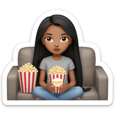 a pretty bratz dusky girl with long straight hair on a couch with popcorn nd wearing a grey tshirt sticker