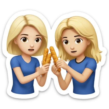Aurore is blond and Enzo had mid-long black hair are fighting about mozzarella sticks sticker