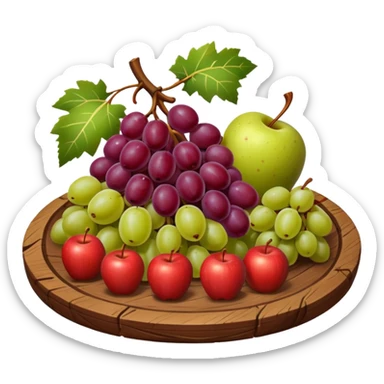 medieval fruit platter object icon, grapes and apples and pears, rustic plate, 3D cartoon, mobile game icon style, clean background, no text, no watermark
 sticker