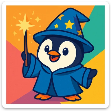 a cute penguin wizard casting a spell, wearing a robe and holding a wand, in a cartoon style sticker
