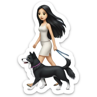 Long black hair pale girl walking husky dog sticker